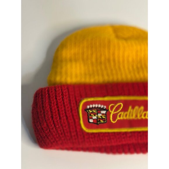 VTG Cadillac Beanie Knit Hat Red Yellow Embroidered Logo Patch Auto Cap Chevy - Picture 2 of 4